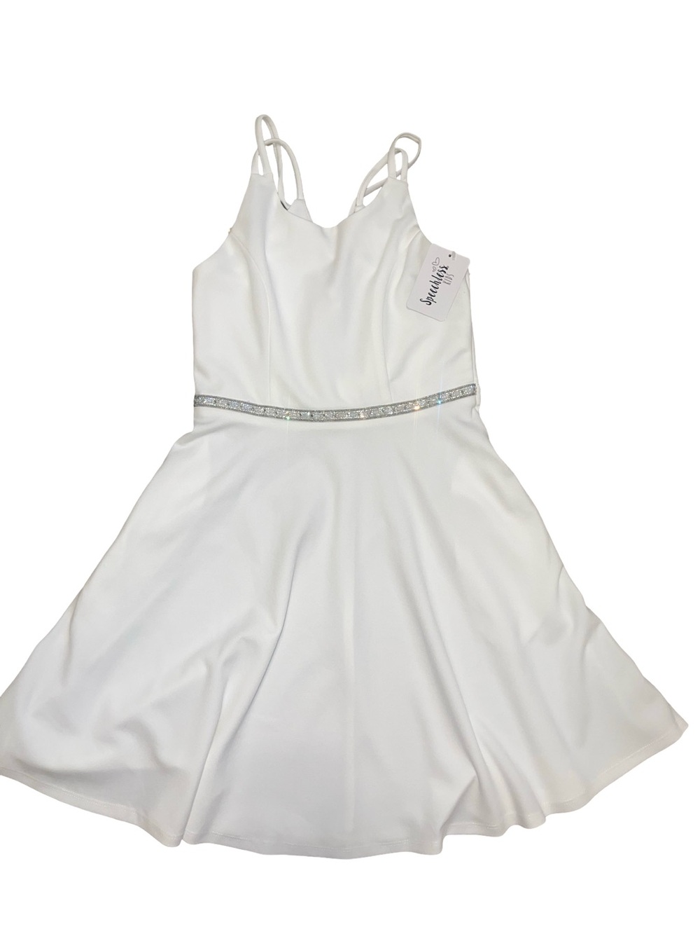 NWT Speechless Kids Girls White Criss Cross Back Party Dress Rhinestone Waist 14